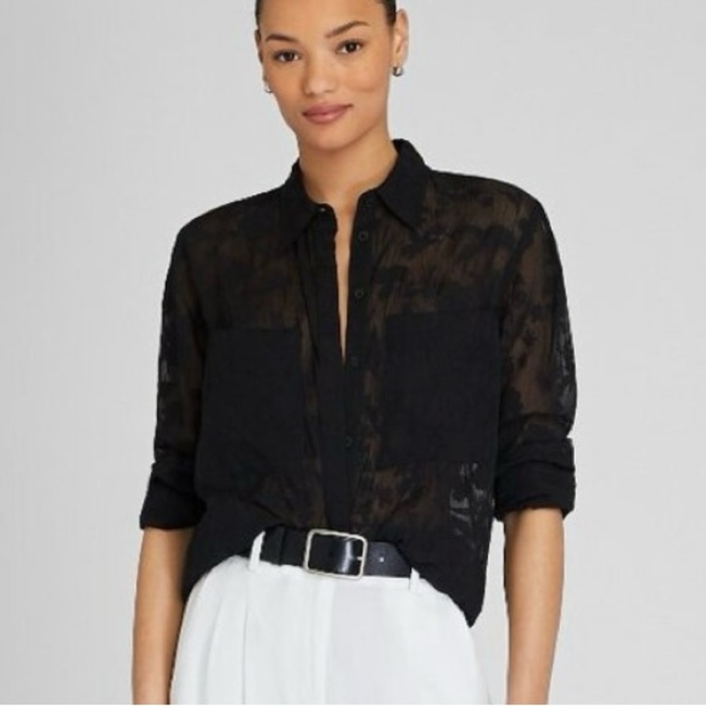 Club Monaco Sheer Floral Button-Down Shirt, Black, Size Small, NWT